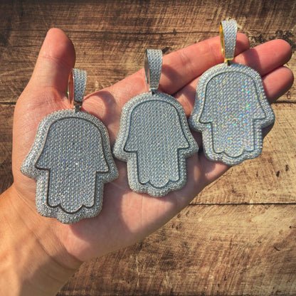 925 Sterling Silver Fully Iced Out Hamsa Pendant With Moissanite - Large