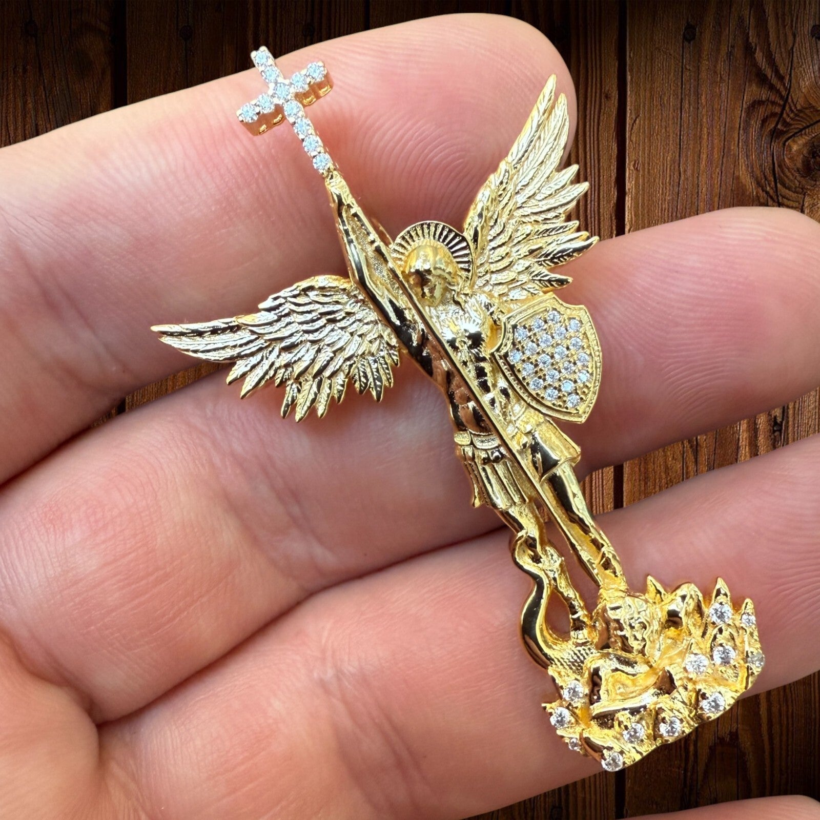 925 Sterling Silver St Michael Pendant With Moissanite - Medium