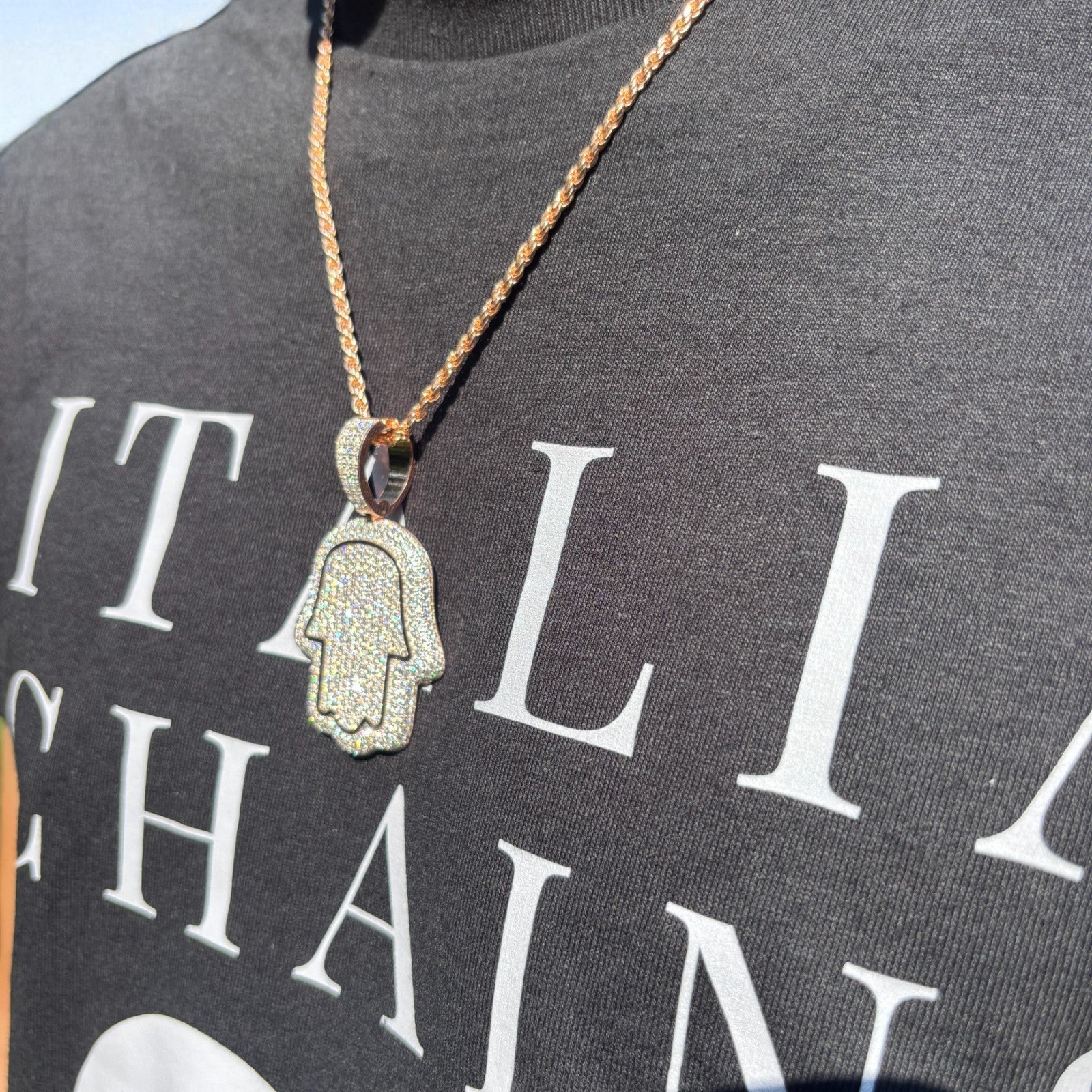 925 Sterling Silver Fully Iced Out Hamsa Pendant With Moissanite - Medium