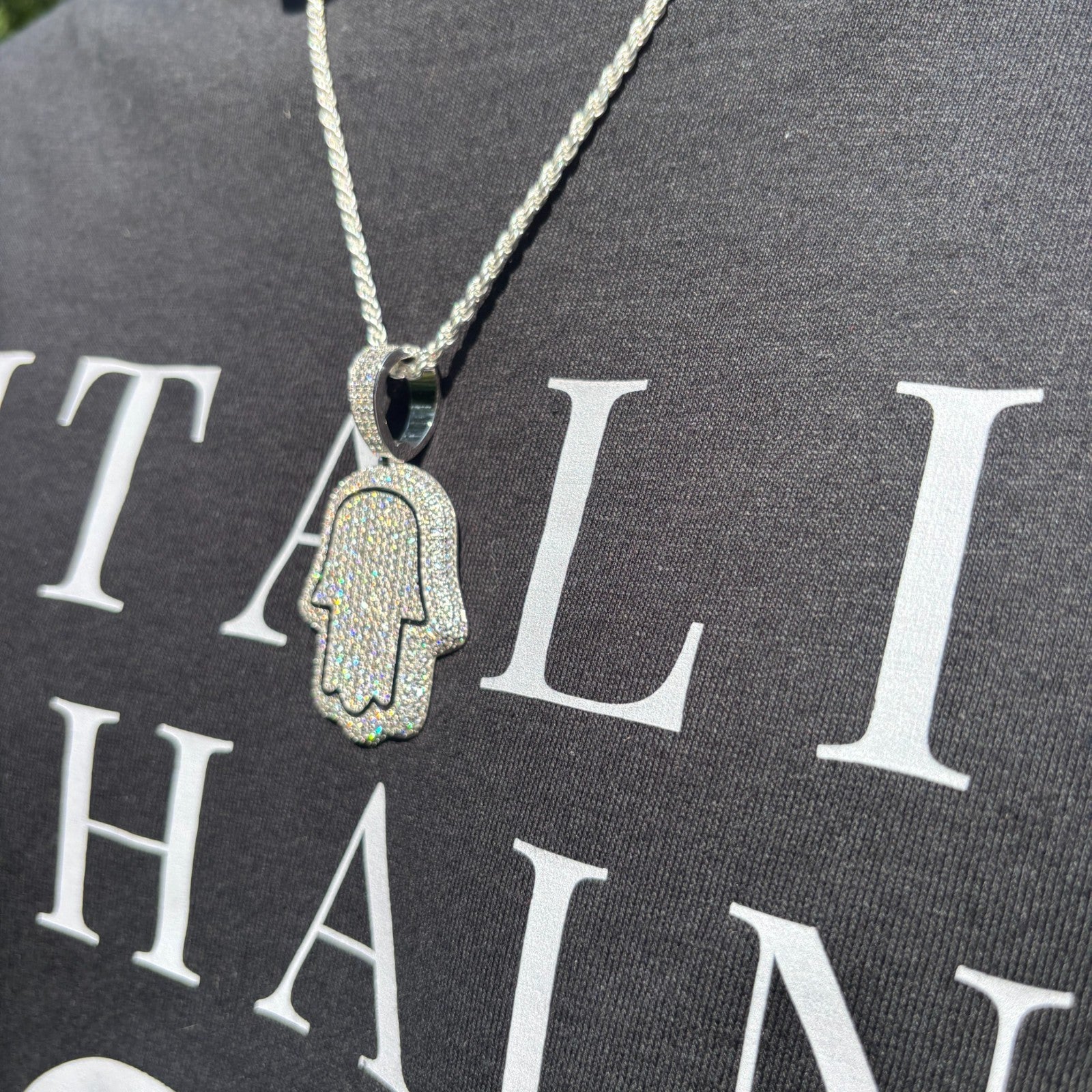 925 Sterling Silver Fully Iced Out Hamsa Pendant With Moissanite - Medium