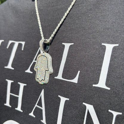 925 Sterling Silver Fully Iced Out Hamsa Pendant With Moissanite - Medium