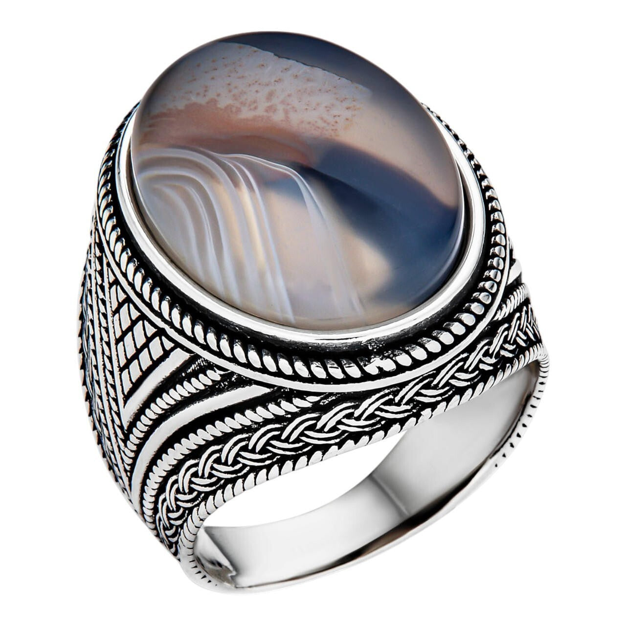 Real 925 Sterling Silver Oval Agate Gemstone Ring
