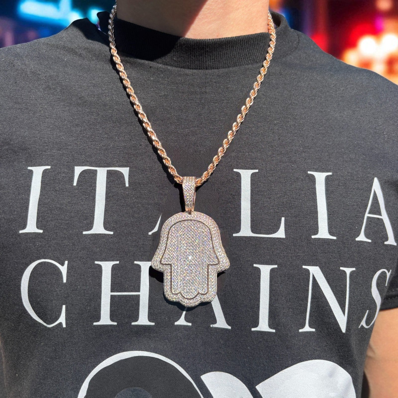 925 Sterling Silver Fully Iced Out Hamsa Pendant With Moissanite - Large