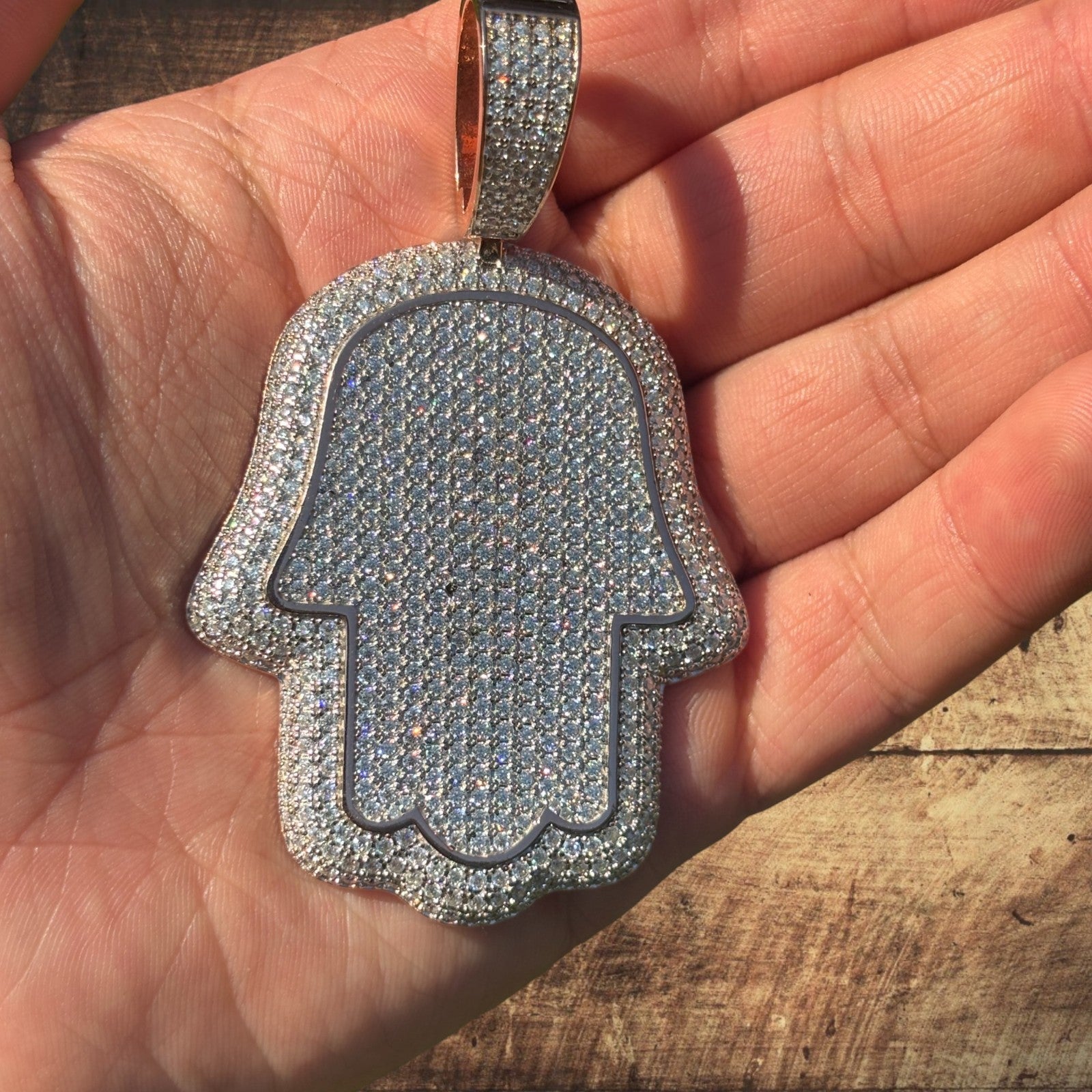 925 Sterling Silver Fully Iced Out Hamsa Pendant With Moissanite - Large