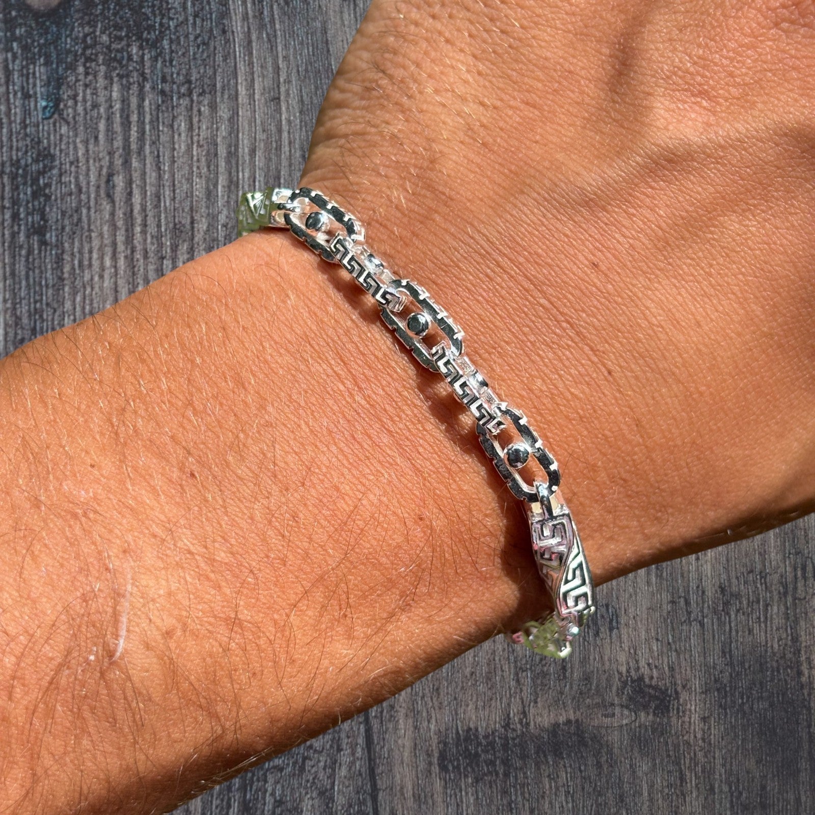 925 Sterling Silver 7mm Greek Key Rolo Link Bracelet