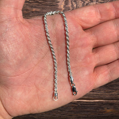 925 Sterling Silver 3mm Diamond Cut Rope Bracelet