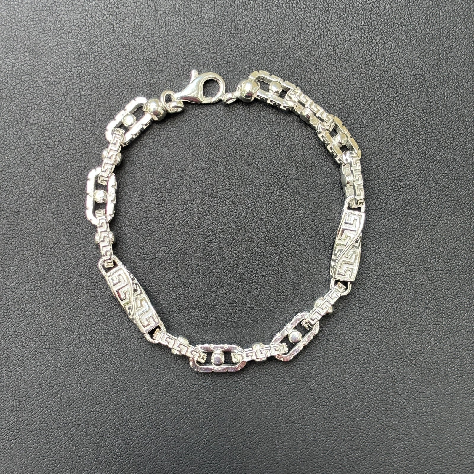 925 Sterling Silver 7mm Greek Key Rolo Link Bracelet