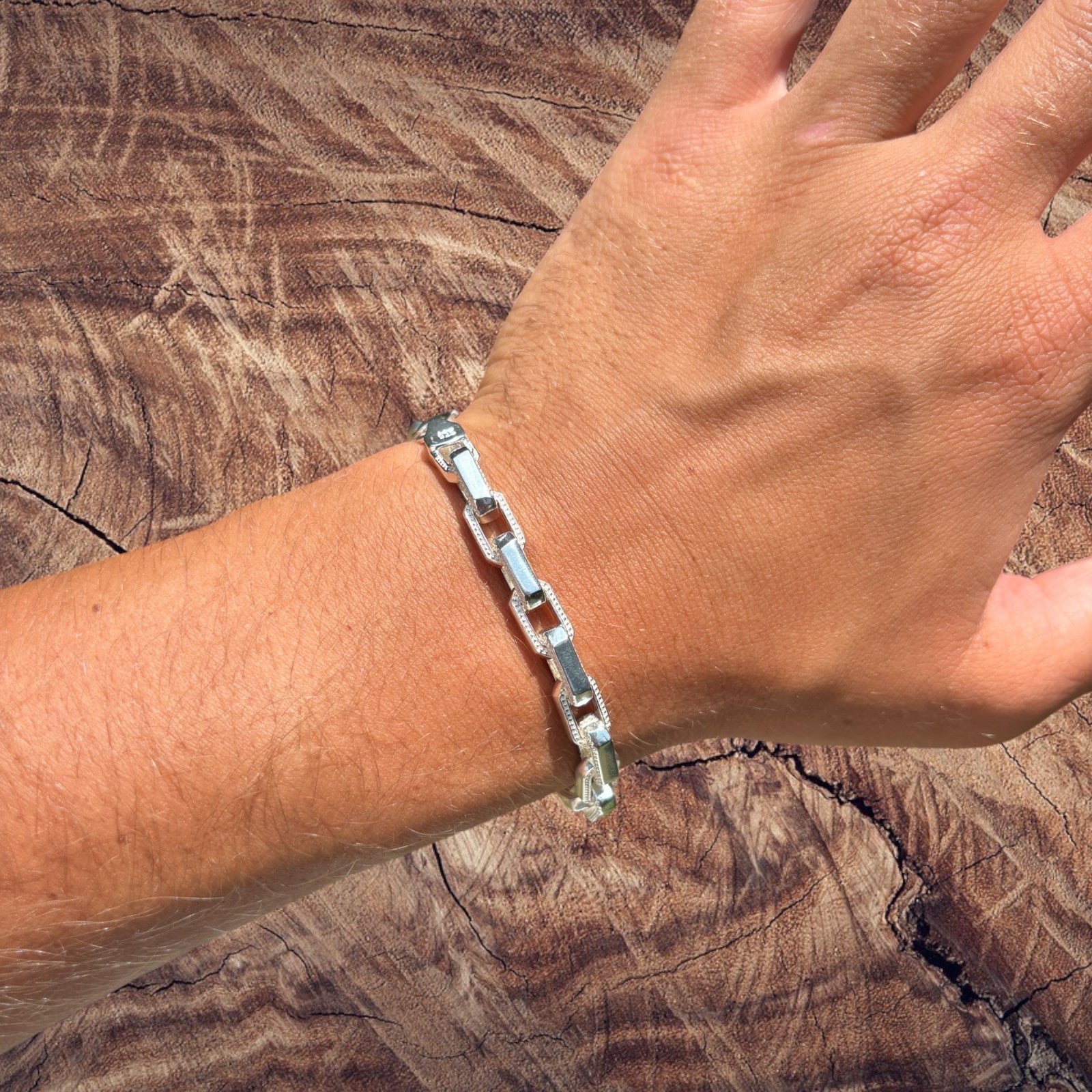 925 Sterling Silver 7mm Fancy Hermes Rolo Link Bracelet