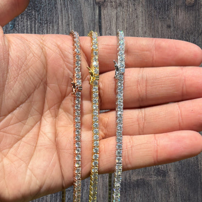 925 Sterling Silver 3mm Tennis Chain Necklace - CZ Or Moissanite