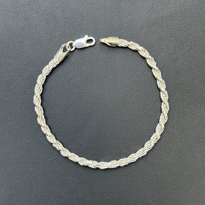925 Sterling Silver 4mm Diamond Cut Rope Bracelet
