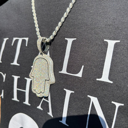 925 Sterling Silver Fully Iced Out Hamsa Pendant With Moissanite - Large