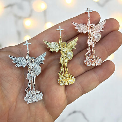 925 Sterling Silver St Michael Pendant With Moissanite - Medium