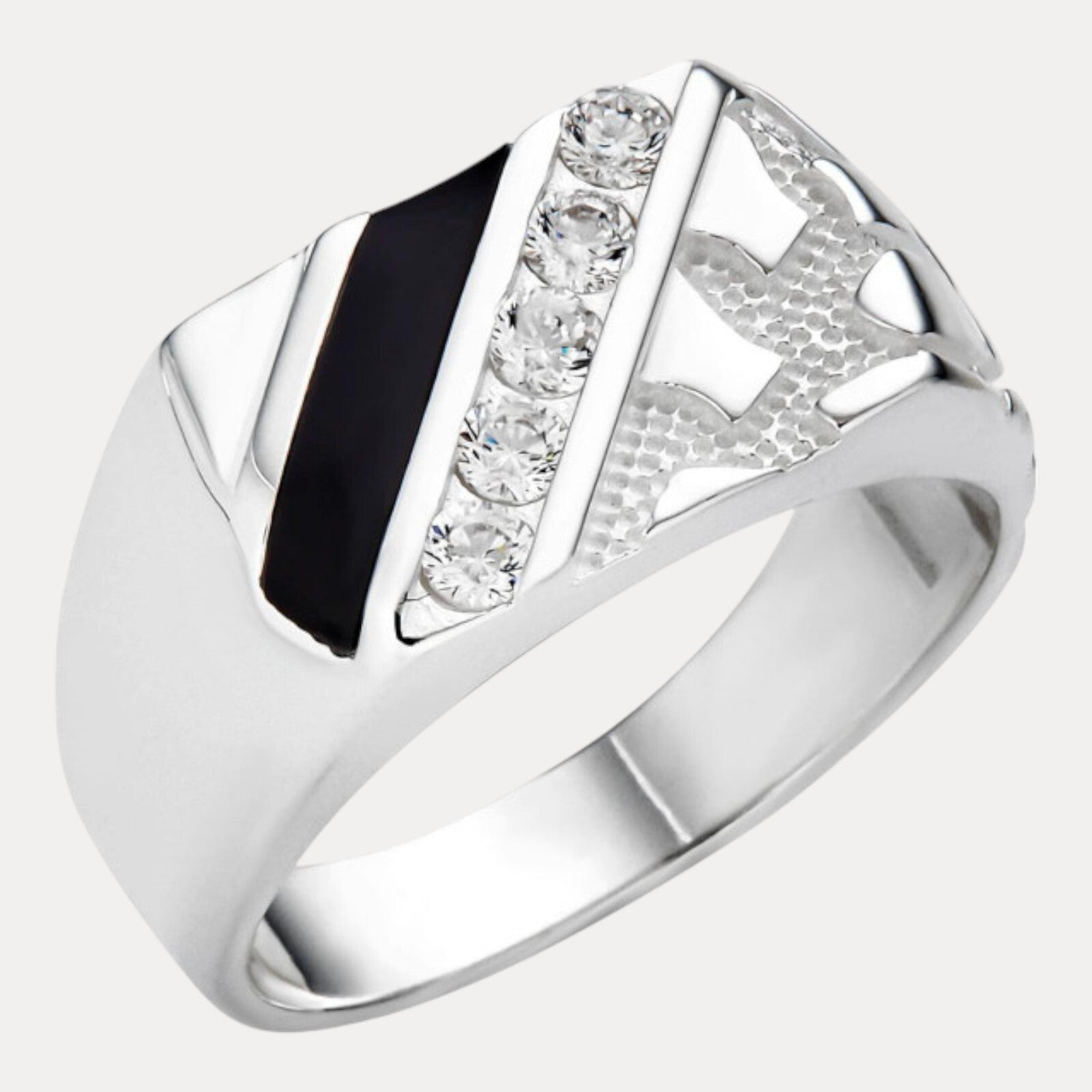925 Sterling Silver Nugget Ring With Black Onyx & CZ Stones