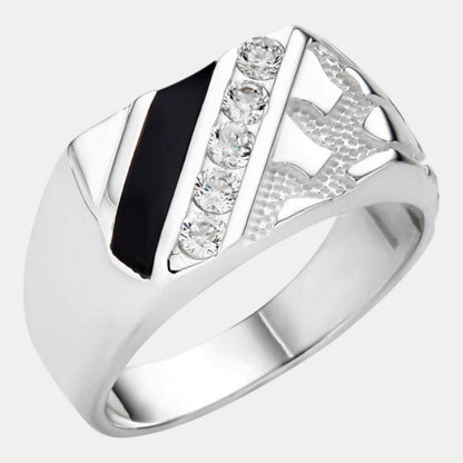 925 Sterling Silver Nugget Ring With Black Onyx & CZ Stones