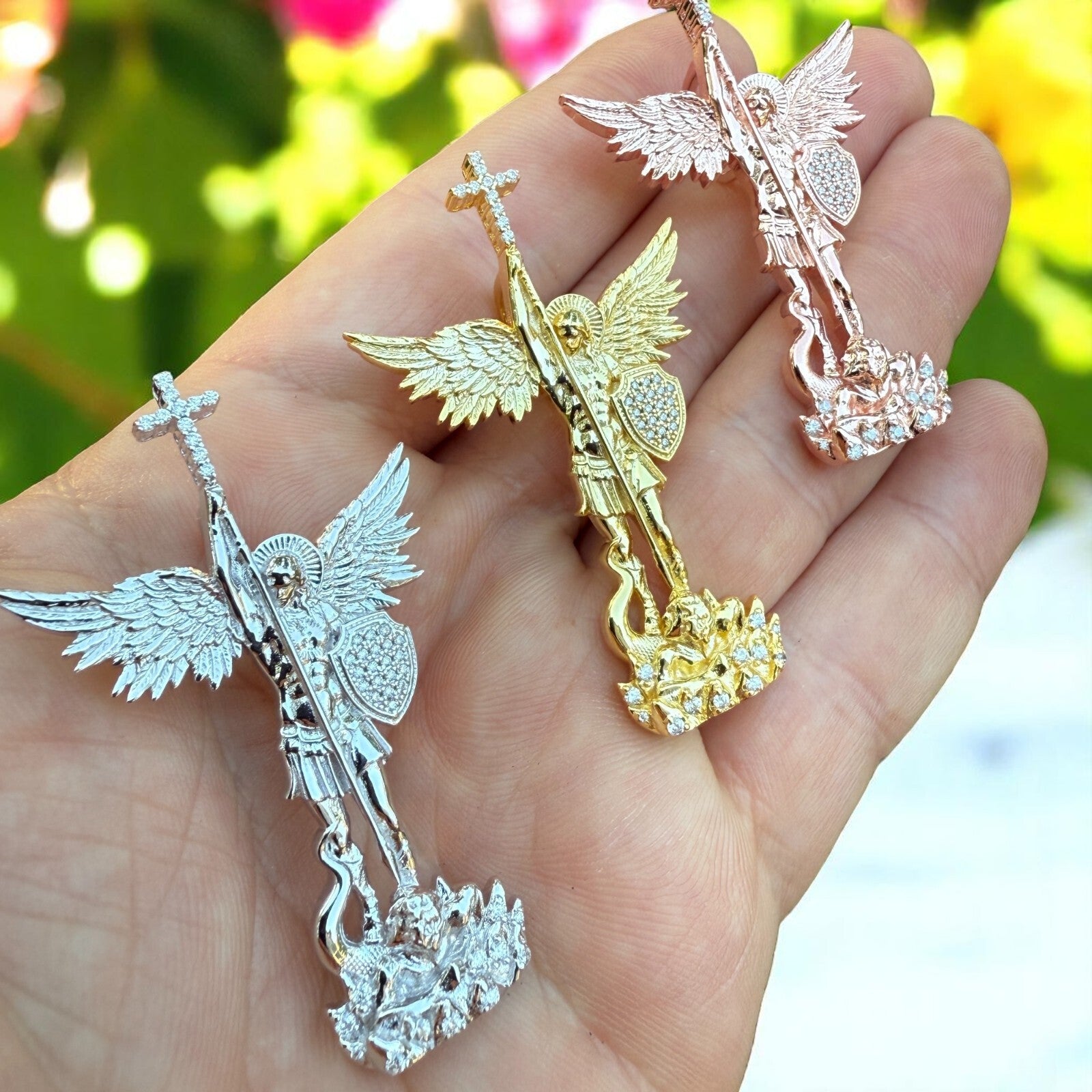 925 Sterling Silver St Michael Pendant With Moissanite - Medium