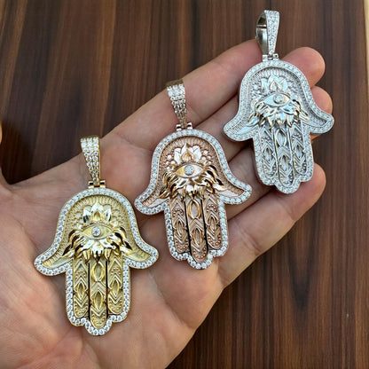 925 Sterling Silver Hamsa Hand Pendant With Moissanite - Large