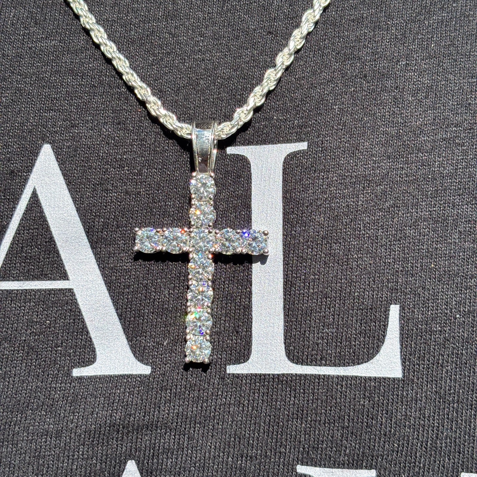 925 Sterling Silver Tennis Cross Pendant With Moissanite - Large