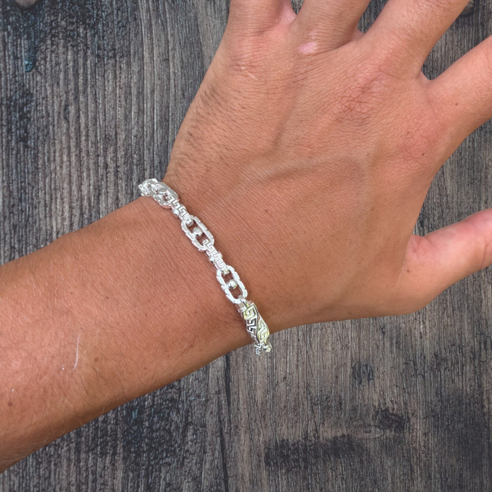 925 Sterling Silver 7mm Greek Key Rolo Link Bracelet