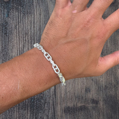 925 Sterling Silver 7mm Greek Key Rolo Link Bracelet