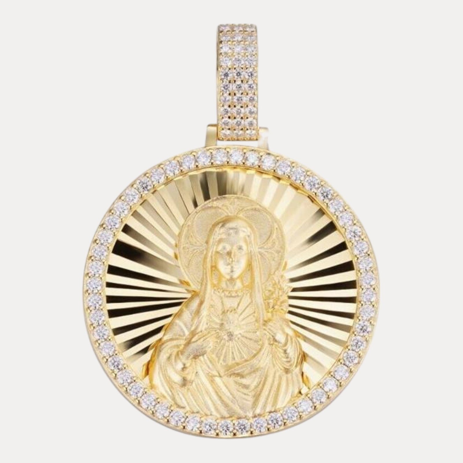 925 Sterling Silver Round Medallion Virgin Mary Pendant With Moissanite