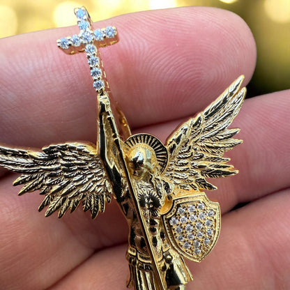 925 Sterling Silver St Michael Pendant With Moissanite - Medium