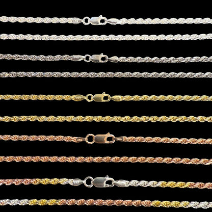 925 Sterling Silver 3mm Diamond Cut Rope Chain Necklace