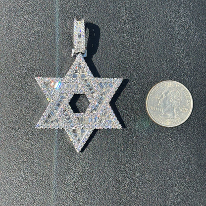 925 Sterling Silver Baguette Moissanite Star Of David Pendant - Large