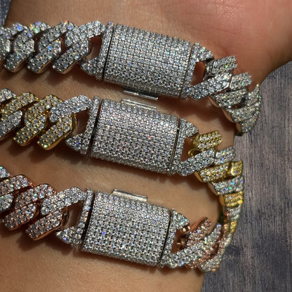 925 Sterling Silver 12mm Moissanite Cuban Prong Bracelet