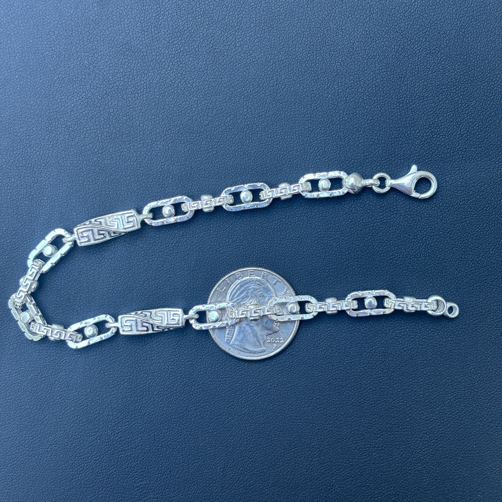 925 Sterling Silver 7mm Greek Key Rolo Link Bracelet