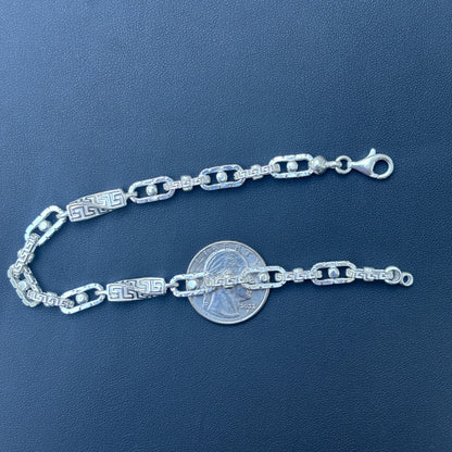 925 Sterling Silver 7mm Greek Key Rolo Link Bracelet