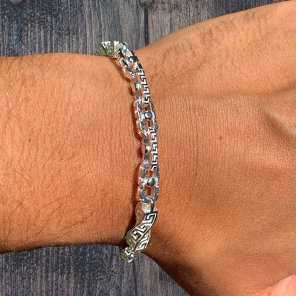 925 Sterling Silver 7mm Greek Key Rolo Link Bracelet