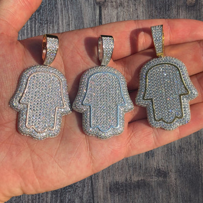 925 Sterling Silver Fully Iced Out Hamsa Pendant With Moissanite - Medium
