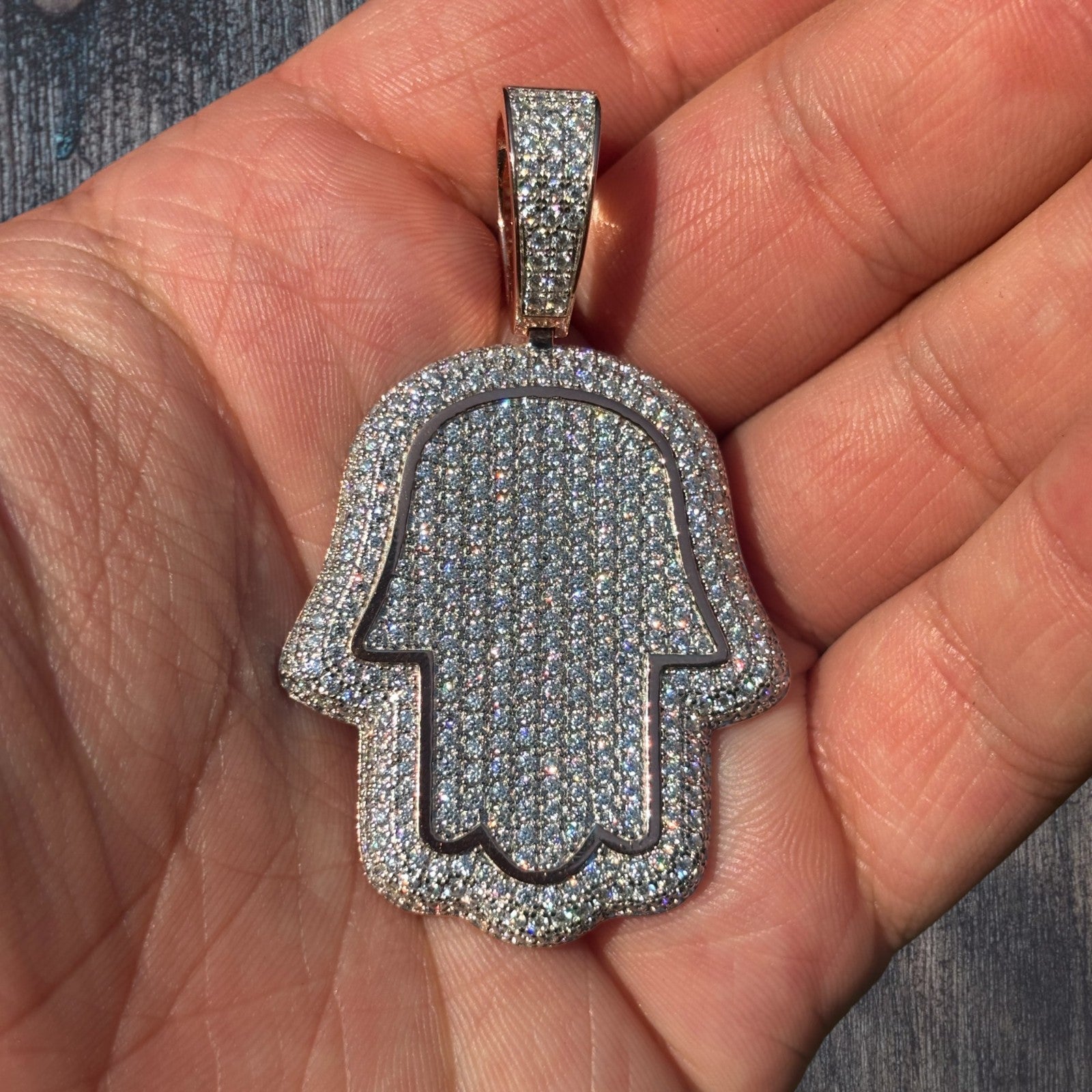925 Sterling Silver Fully Iced Out Hamsa Pendant With Moissanite - Medium