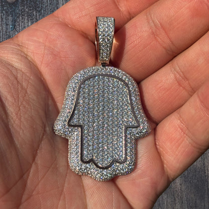 925 Sterling Silver Fully Iced Out Hamsa Pendant With Moissanite - Medium