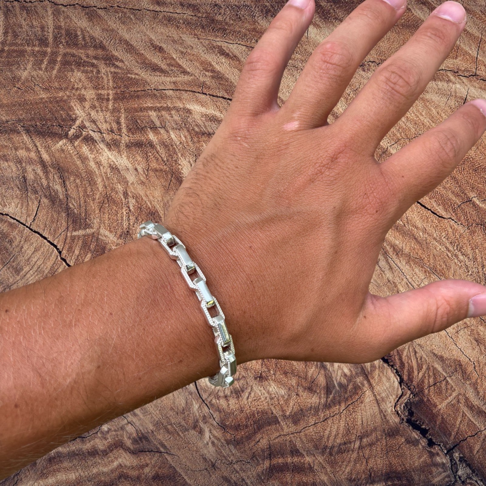 925 Sterling Silver 7mm Fancy Hermes Rolo Link Bracelet