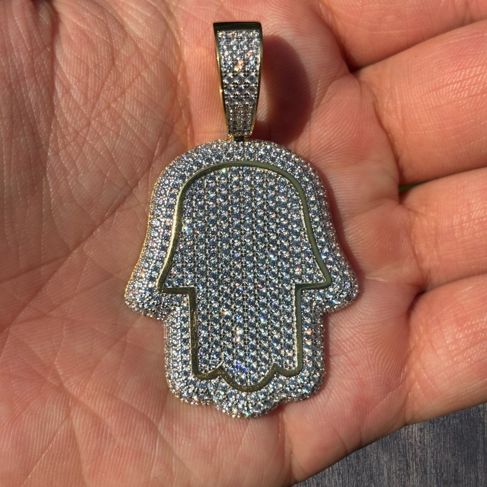 925 Sterling Silver Fully Iced Out Hamsa Pendant With Moissanite - Medium