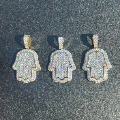 925 Sterling Silver Fully Iced Out Hamsa Pendant With Moissanite - Small