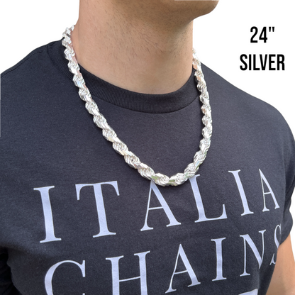925 Sterling Silver 11mm Diamond Cut Rope Chain Necklace