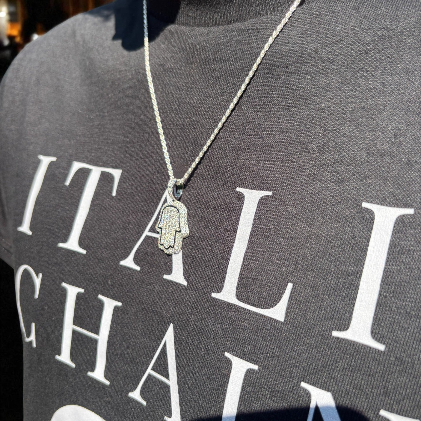 925 Sterling Silver Fully Iced Out Hamsa Pendant With Moissanite - Small