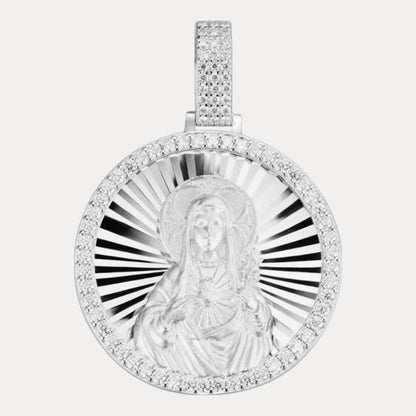 925 Sterling Silver Round Medallion Virgin Mary Pendant With Moissanite