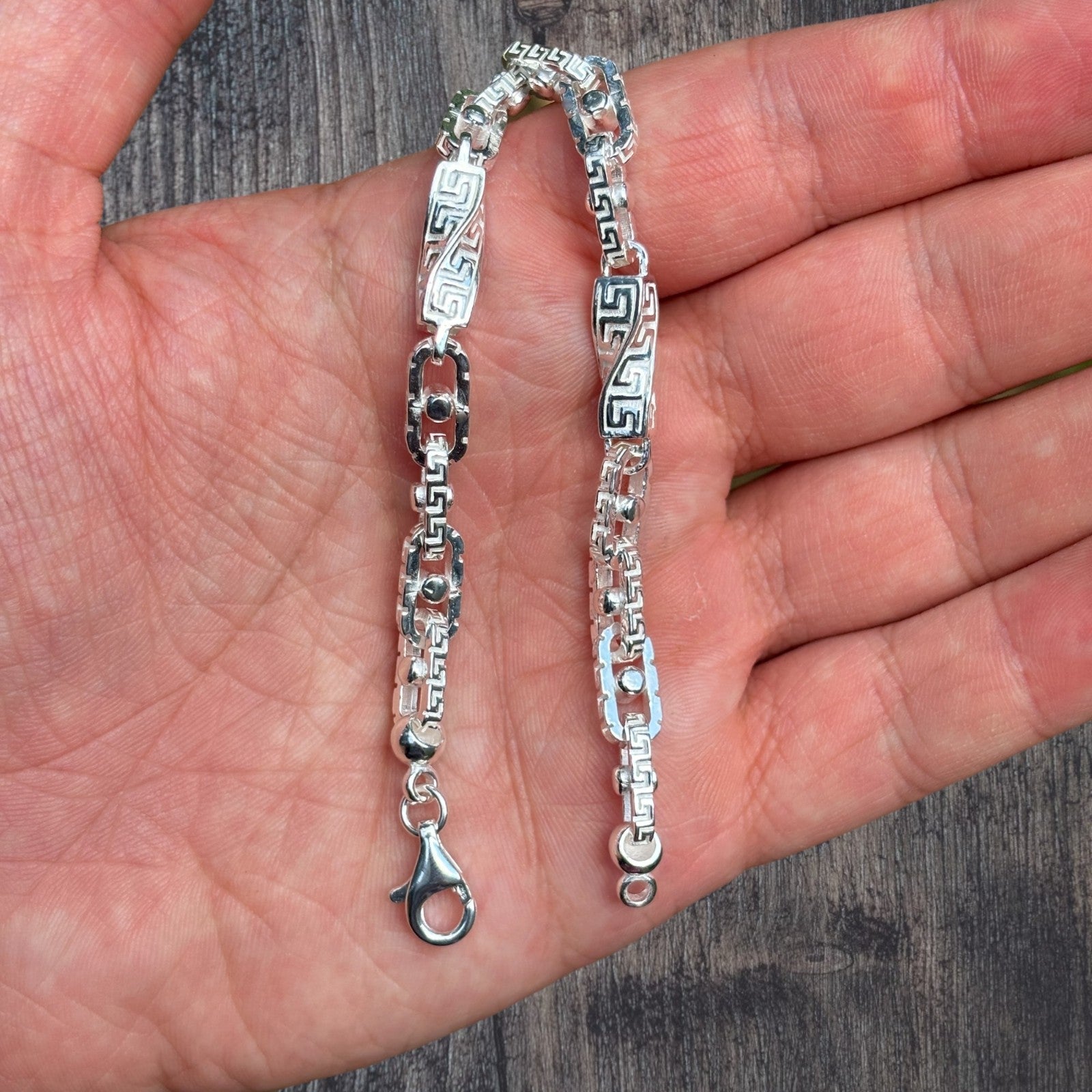 925 Sterling Silver 7mm Greek Key Rolo Link Bracelet