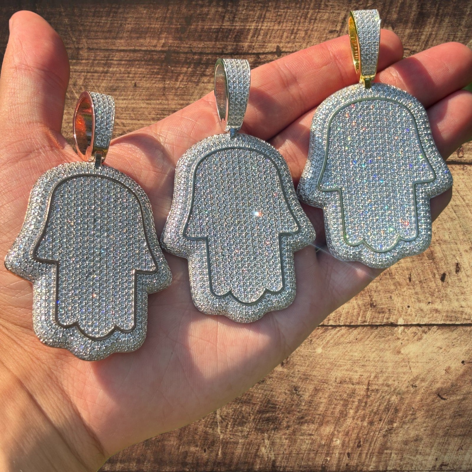 925 Sterling Silver Fully Iced Out Hamsa Pendant With Moissanite - Large