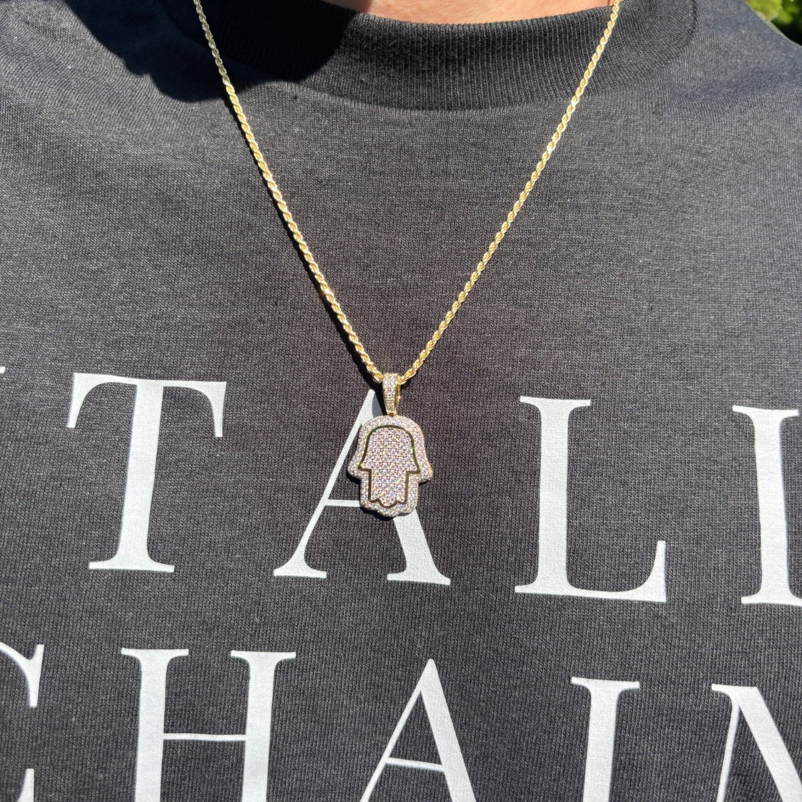 925 Sterling Silver Fully Iced Out Hamsa Pendant With Moissanite - Small