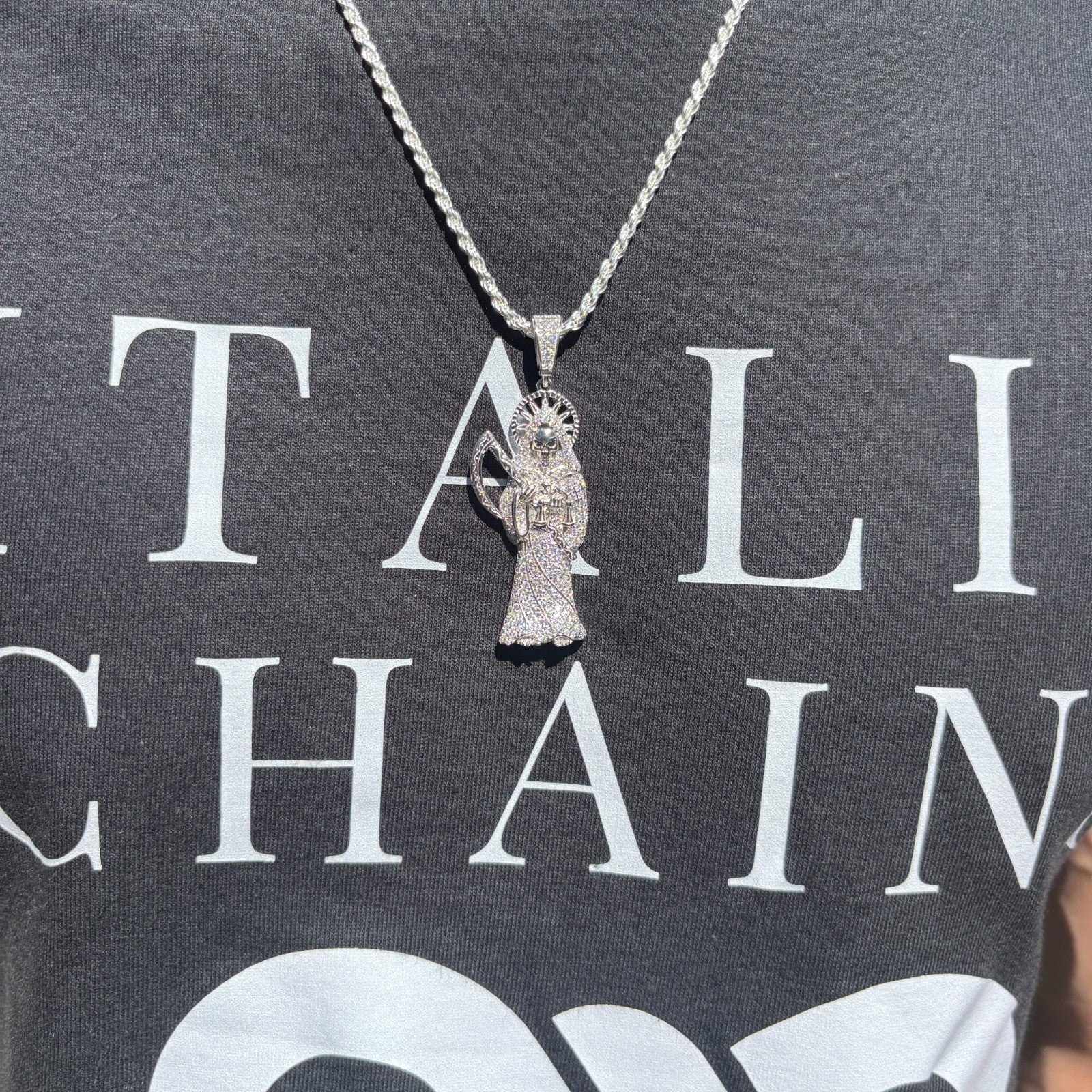 925 Sterling Silver Grim Reaper Pendant With Moissanite