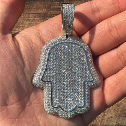 925 Sterling Silver Fully Iced Out Hamsa Pendant With Moissanite - Large