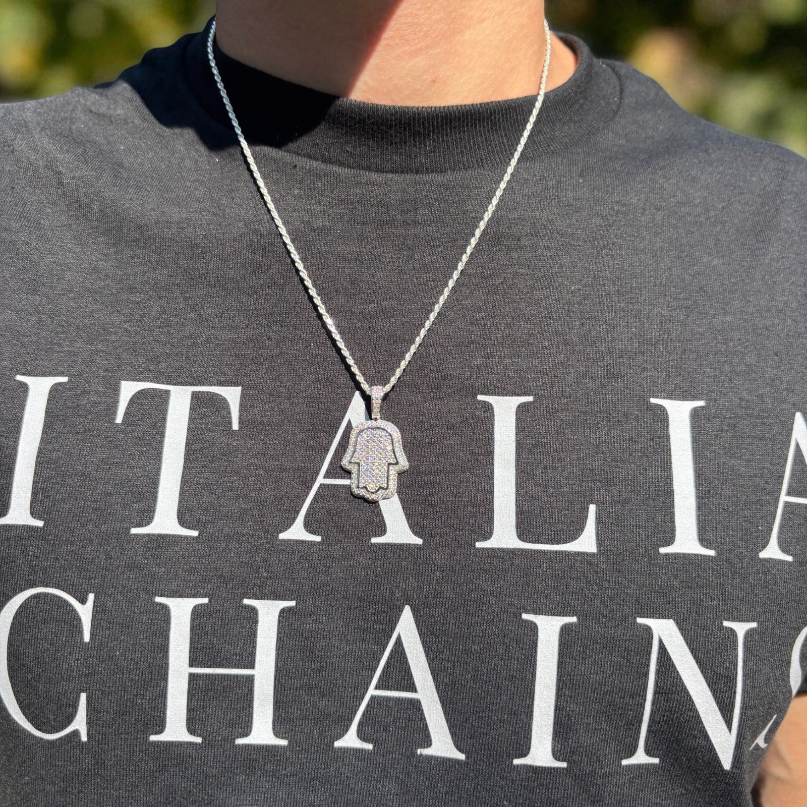 925 Sterling Silver Fully Iced Out Hamsa Pendant With Moissanite - Small