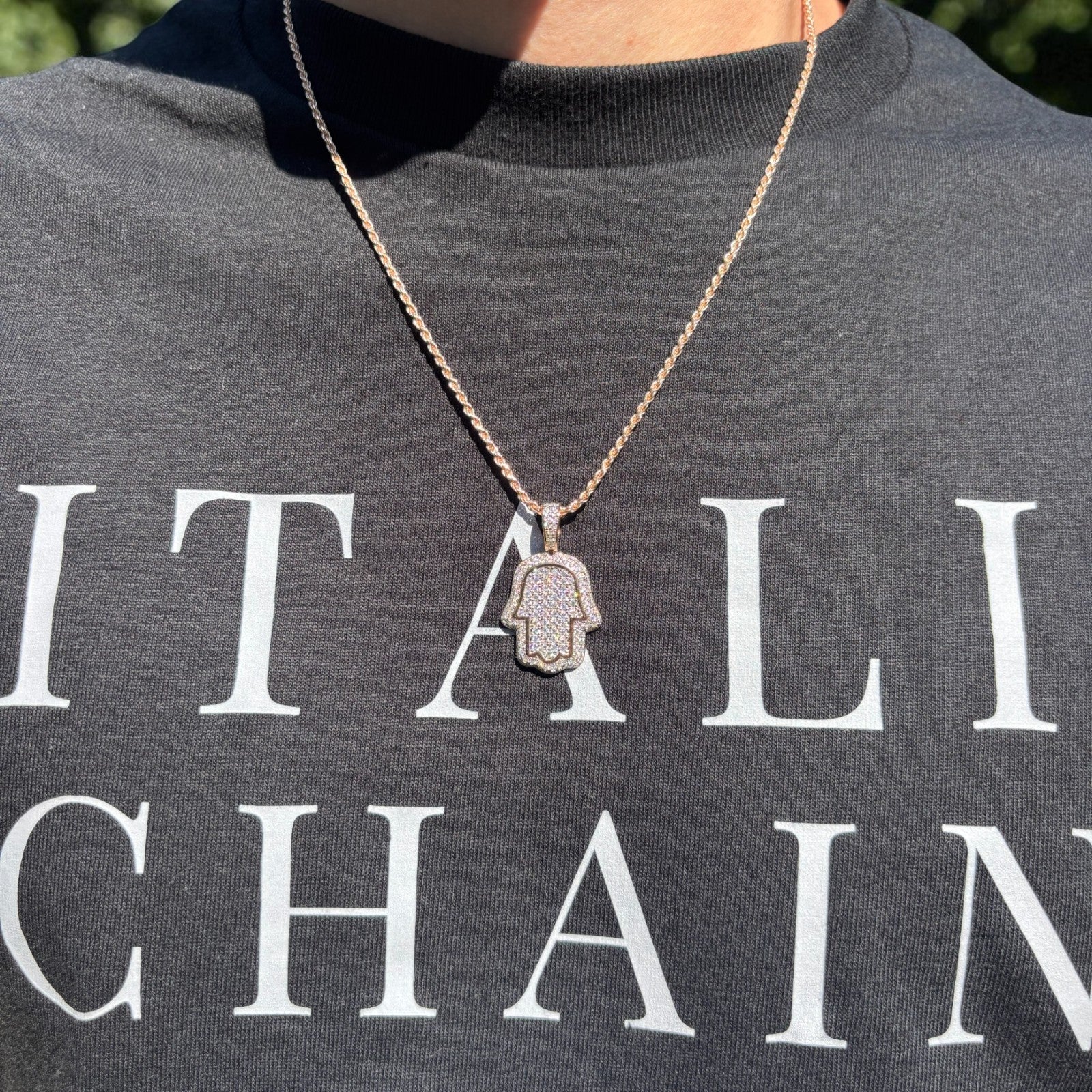 925 Sterling Silver Fully Iced Out Hamsa Pendant With Moissanite - Small