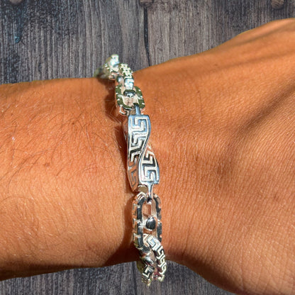 925 Sterling Silver 7mm Greek Key Rolo Link Bracelet