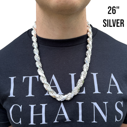 925 Sterling Silver 12.5mm Diamond Cut Rope Chain Necklace