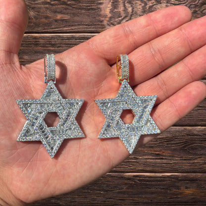 925 Sterling Silver Baguette Moissanite Star Of David Pendant - Large